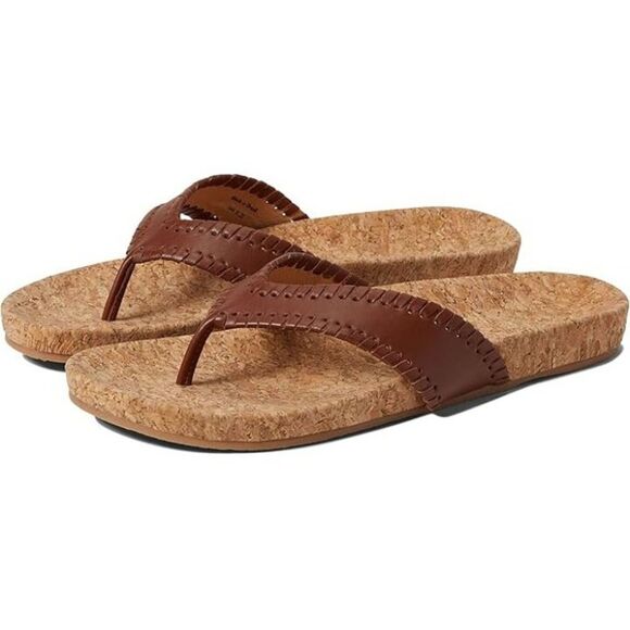 Jack Rogers Cork Footbed Thong Sandals Brown Faux Leather Stitch Size 6 - Picture 1 of 5